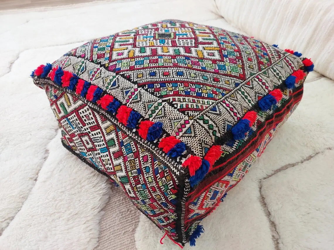 Authentic Handmade Berber Bridal Suitcase - Vintage Moroccan Kilim Pouf Ottoman Floor Cushion MoroccanBazzArts