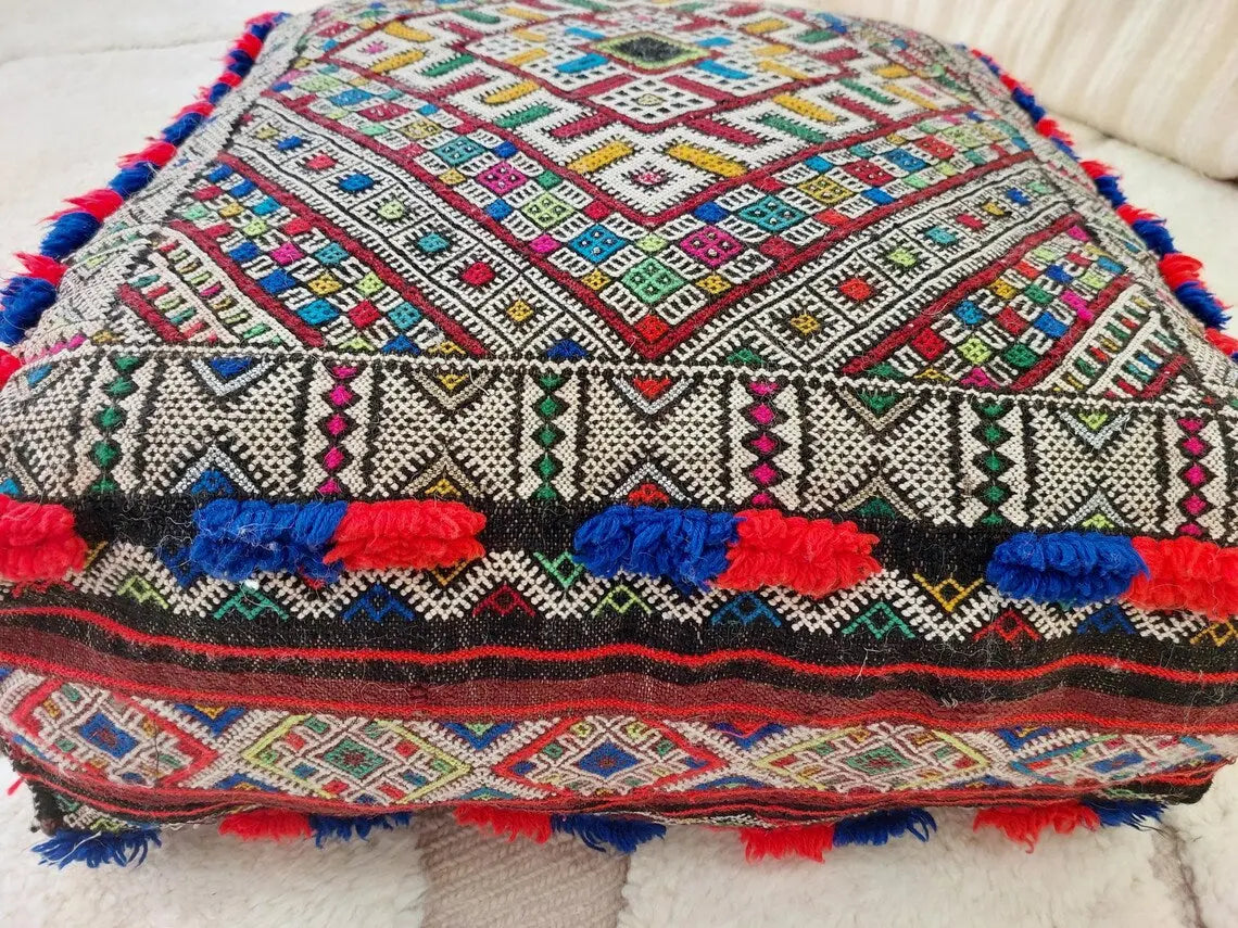 Authentic Handmade Berber Bridal Suitcase - Vintage Moroccan Kilim Pouf Ottoman Floor Cushion MoroccanBazzArts