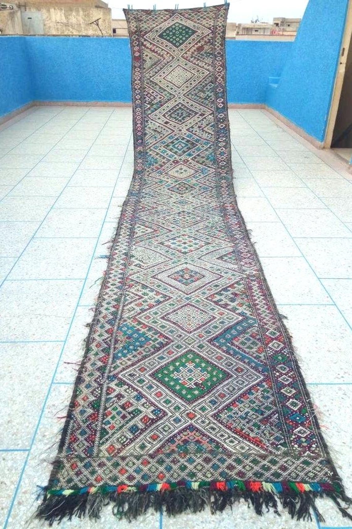 Vintage Moroccan Kilim Runner: Beni Mguild Flatweave Rug, Authentic Berber Hallway Carpet 3'3"x17'4" MoroccanBazzArts