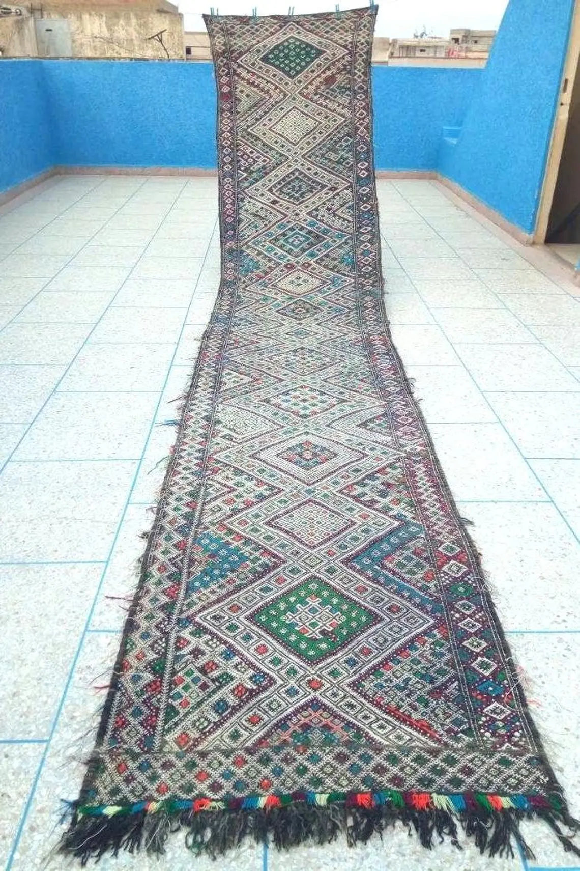 Vintage Moroccan Kilim Runner: Beni Mguild Flatweave Rug, Authentic Berber Hallway Carpet 3'3"x17'4" MoroccanBazzArts