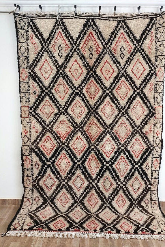 Authentic Vintage Beni Ourain Wool Carpet Bohemian Geometric Tribal Design MoroccanBazzArts