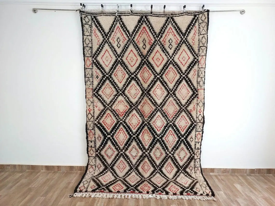 Authentic Vintage Beni Ourain Wool Carpet Bohemian Geometric Tribal Design MoroccanBazzArts