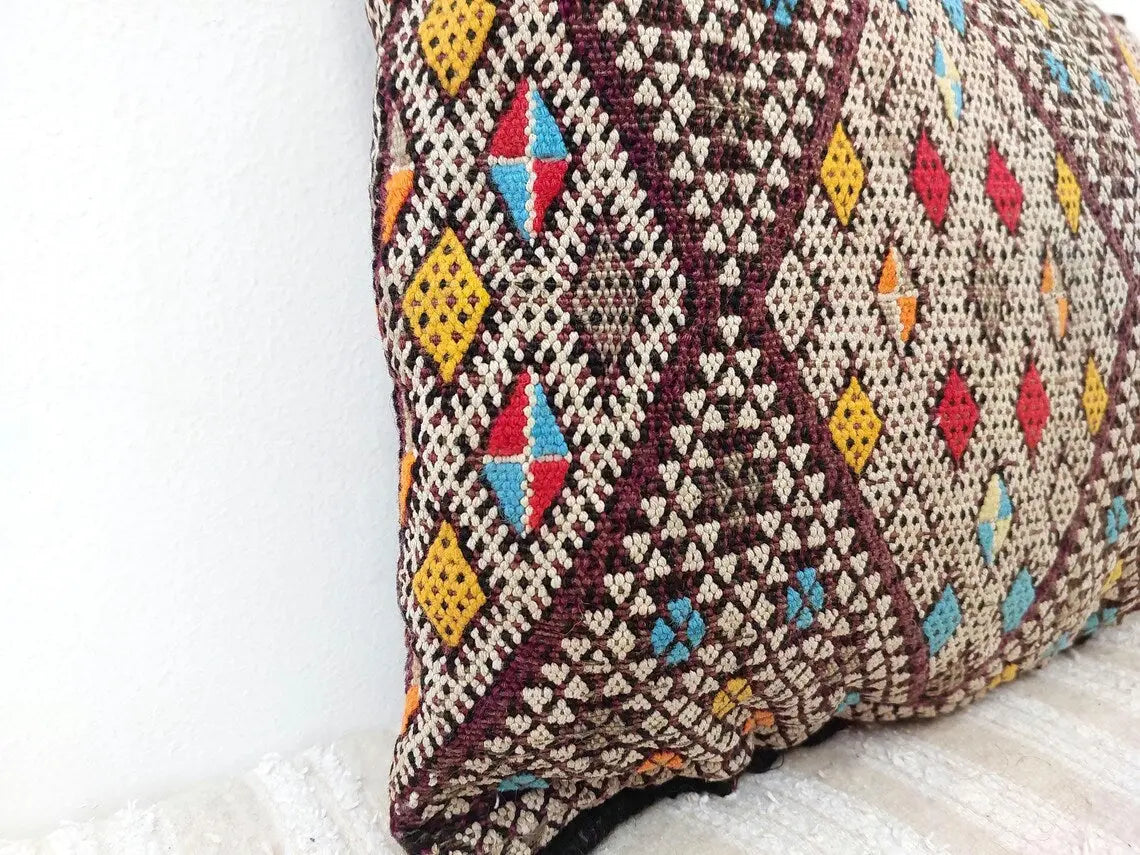 Moha | Vintage Moroccan Pillow - Handmade Cushion - Handwoven Rectangular Berber Pillow Case - Kilim Pillow - Bohemian Style MoroccanBazzArts