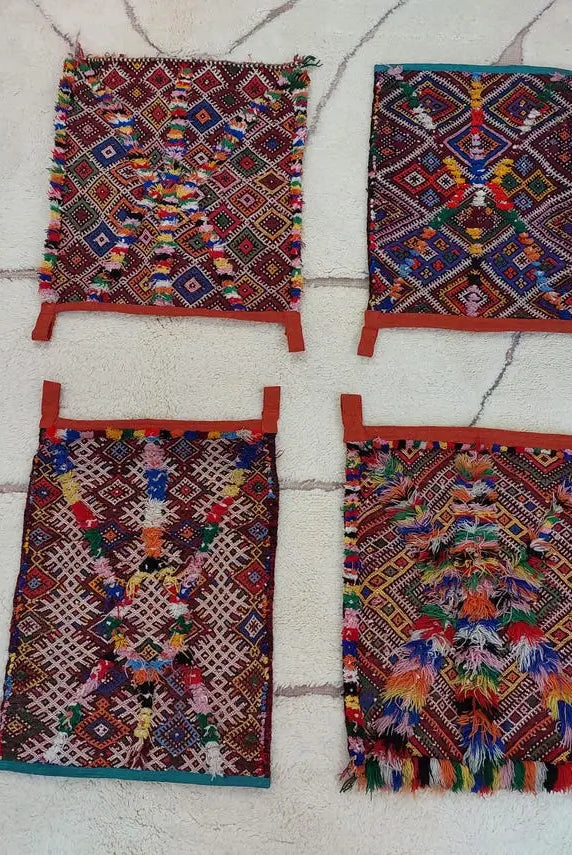 Vintage Berber Handwoven Wool Wall Art: Colorful Rectangular Hanging Pillow With Tribal Amazigh Symbols MoroccanBazzArts