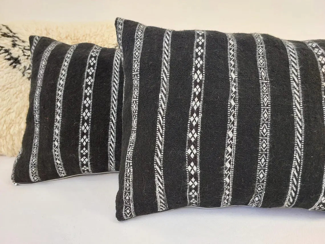 Set Of Two Berber Black Stripped Wool Pillows | Black Cushions In White Stripe Berber Symbols | Rectangular Zipper In It. MoroccanBazzArts