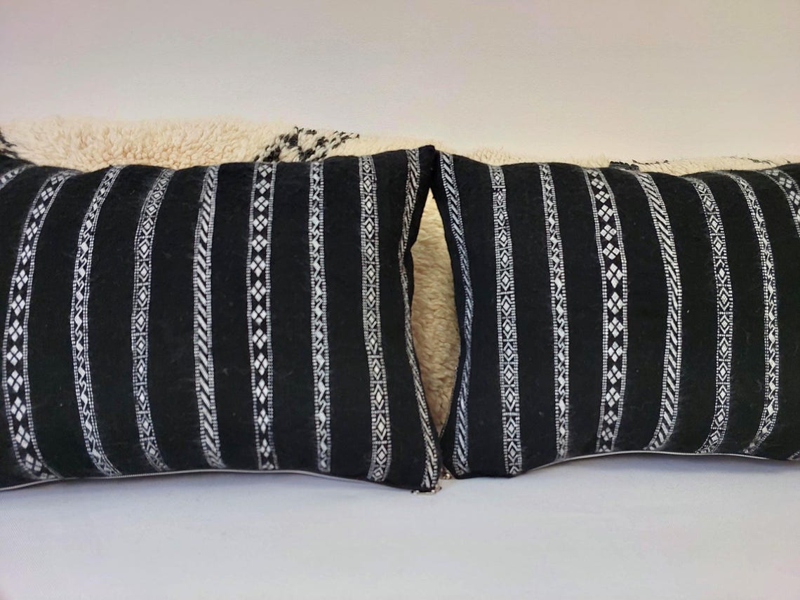 Set Of Two Berber Black Stripped Wool Pillows | Black Cushions In White Stripe Berber Symbols | Rectangular Zipper In It. MoroccanBazzArts
