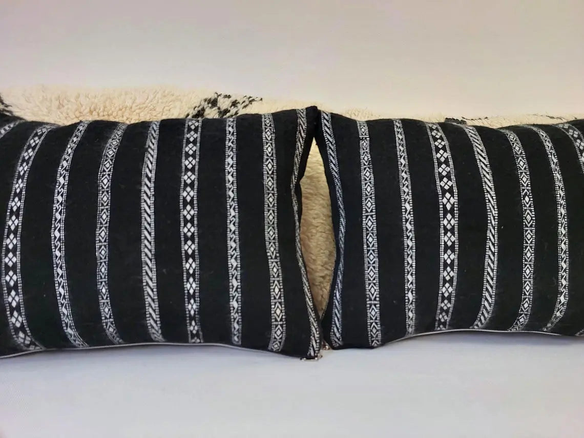 Set Of Two Berber Black Stripped Wool Pillows | Black Cushions In White Stripe Berber Symbols | Rectangular Zipper In It. MoroccanBazzArts