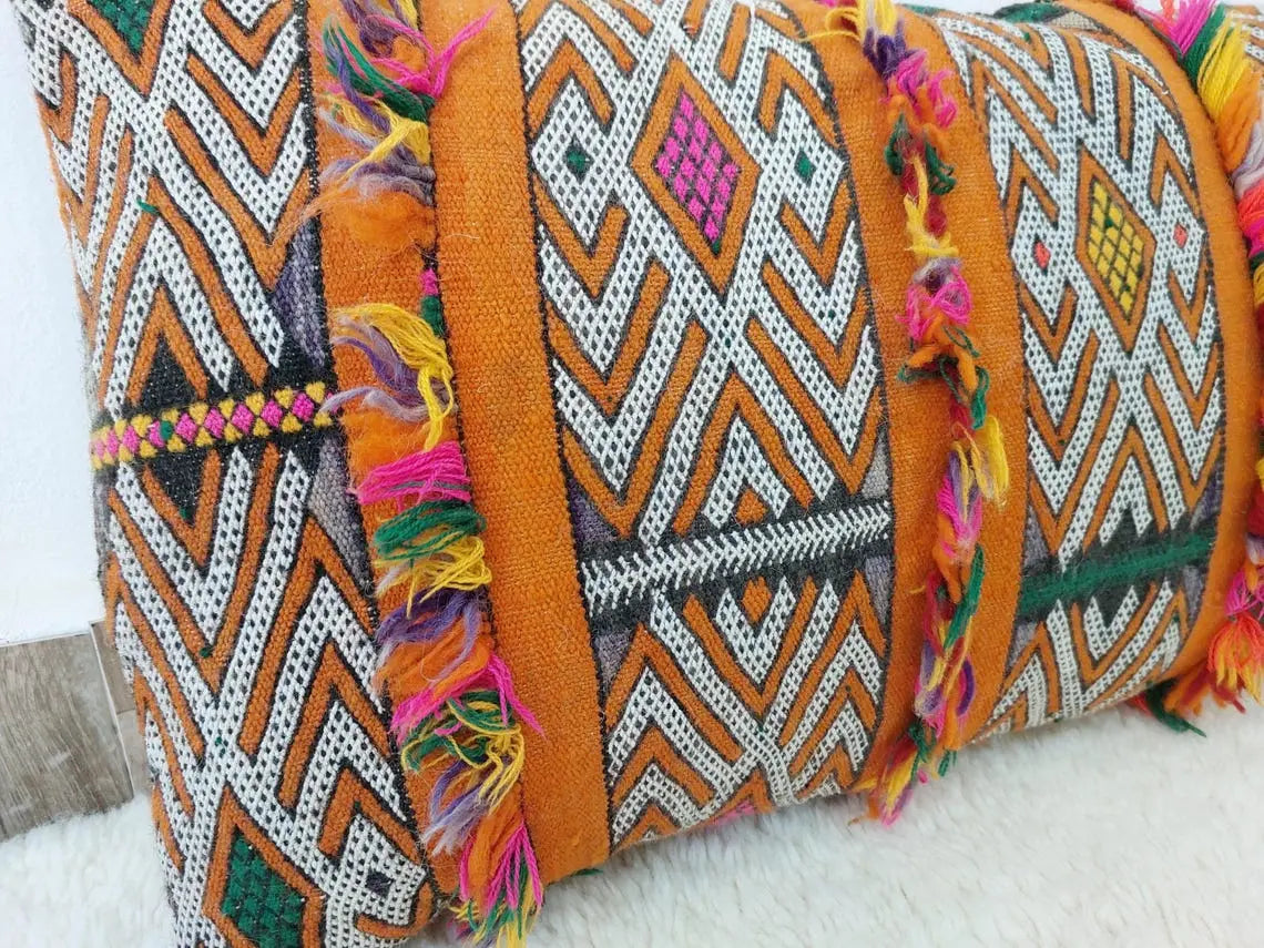 Authentic Vintage Moroccan Berber Lumbar Pillow - Handmade Bohemian Double-sided Cushion Cover 13x21 MoroccanBazzArts