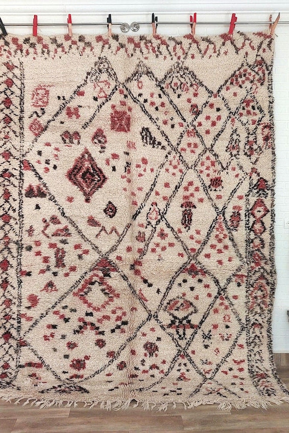 Berber Geometric Rug 6'10"X8'10" Wool: Handmade Moroccan Seghrouchen, Ivory Area Bohemian Decor, Traditional Artisan Statement MoroccanBazzArts