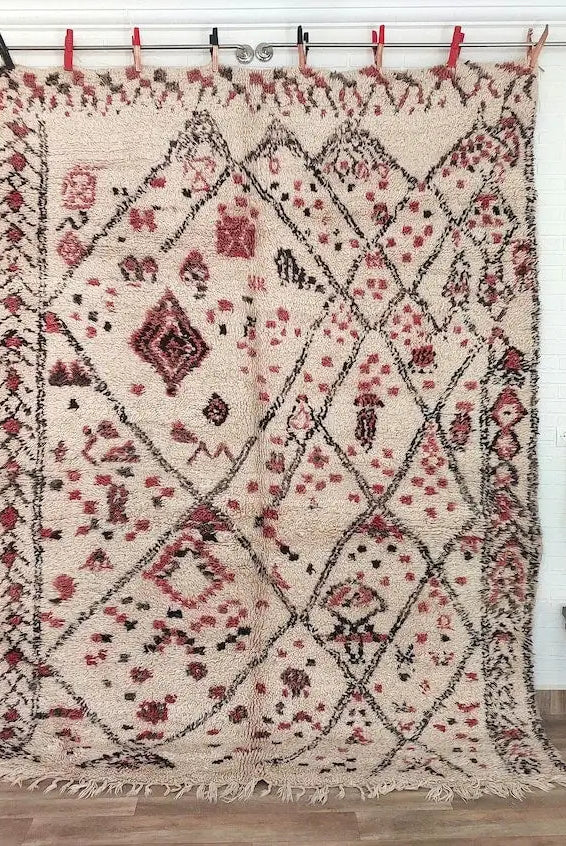 Berber Geometric Rug 6'10"X8'10" Wool: Handmade Moroccan Seghrouchen, Ivory Area Bohemian Decor, Traditional Artisan Statement MoroccanBazzArts