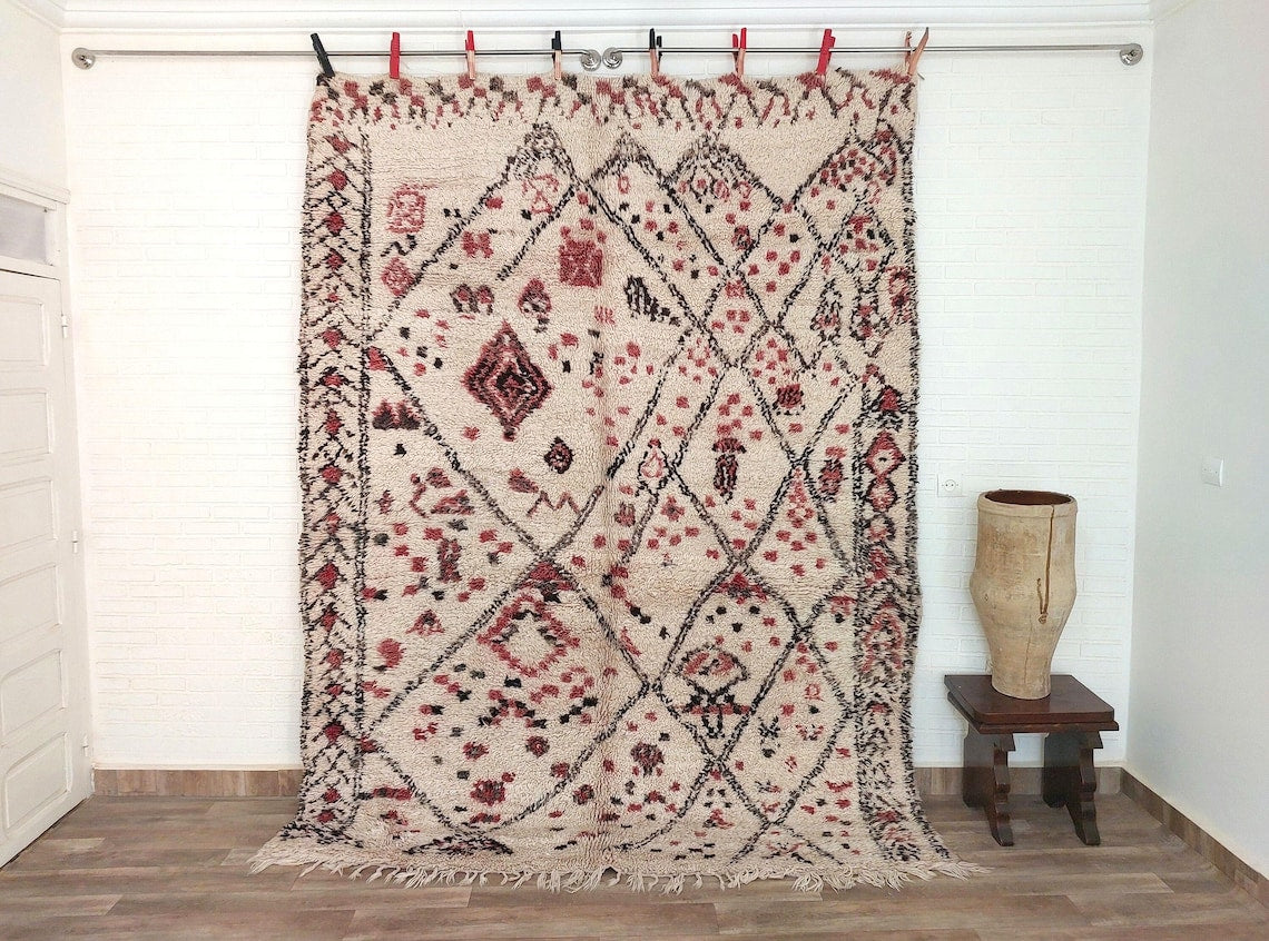 Berber Geometric Rug 6'10"X8'10" Wool: Handmade Moroccan Seghrouchen, Ivory Area Bohemian Decor, Traditional Artisan Statement MoroccanBazzArts
