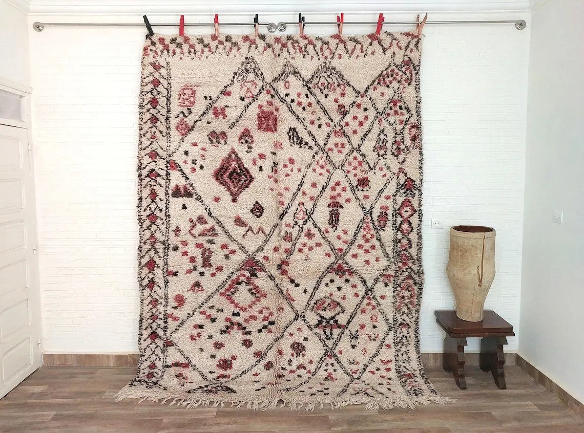 Berber Geometric Rug 6'10"X8'10" Wool: Handmade Moroccan Seghrouchen, Ivory Area Bohemian Decor, Traditional Artisan Statement MoroccanBazzArts