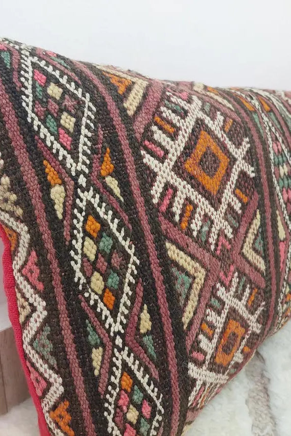Unique Moroccan Kilim Lumbar Cushion 14x39 - Vintage Berber Decorative Pillow MoroccanBazzArts