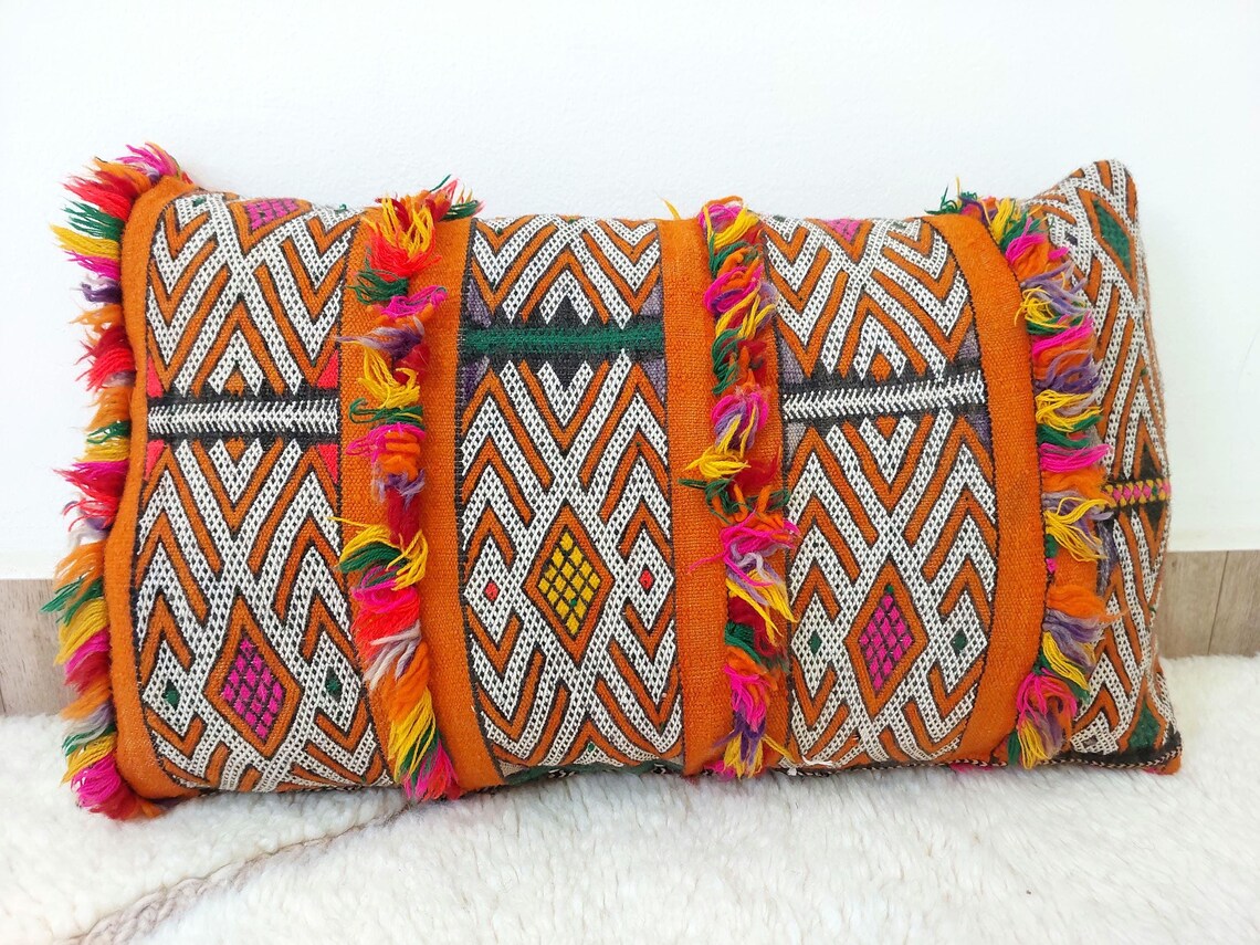 Authentic Vintage Moroccan Berber Lumbar Pillow - Handmade Bohemian Double-sided Cushion Cover 13x21 MoroccanBazzArts
