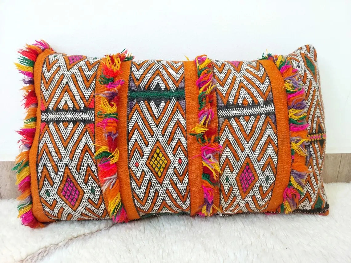 Authentic Vintage Moroccan Berber Lumbar Pillow - Handmade Bohemian Double-sided Cushion Cover 13x21 MoroccanBazzArts