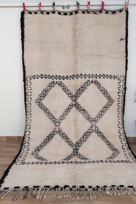 Beni Ourain Rug Handknotted Wool: Authentic Vintage Moroccan Carpet 6'6"X11'1" Lamb Wool MoroccanBazzArts