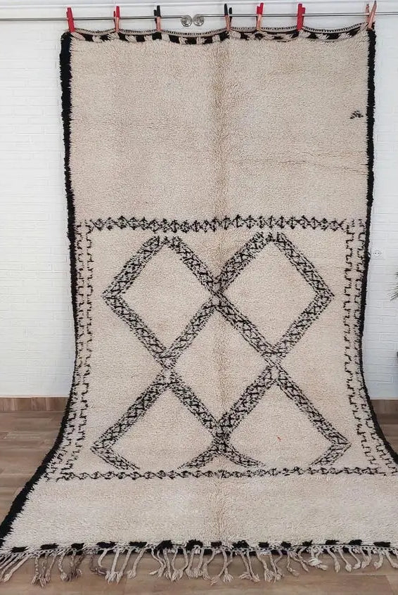 Beni Ourain Rug Handknotted Wool: Authentic Vintage Moroccan Carpet 6'6"X11'1" Lamb Wool MoroccanBazzArts
