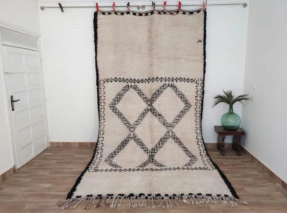 Beni Ourain Rug Handknotted Wool: Authentic Vintage Moroccan Carpet 6'6"X11'1" Lamb Wool MoroccanBazzArts