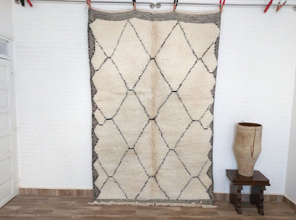 White Berber Wool Rug - Handmade Moroccan Beni Ourain Carpet 5.4x8.2ft Area Rug MoroccanBazzArts