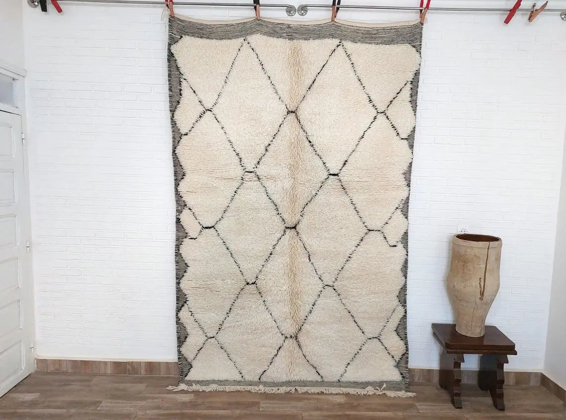 White Berber Wool Rug - Handmade Moroccan Beni Ourain Carpet 5.4x8.2ft Area Rug MoroccanBazzArts
