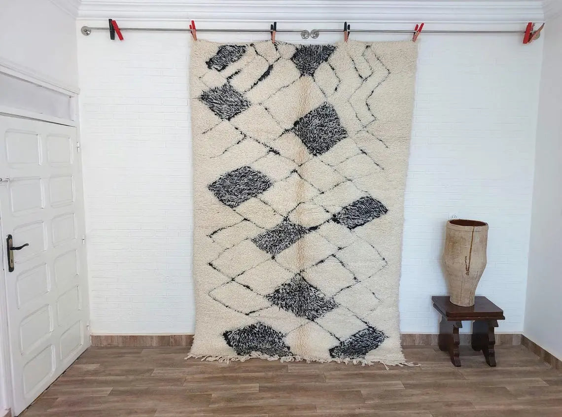 Authentic Moroccan Beni Ourain Handmade Berber Rug - Genuine Lamb Wool Carpet For Living Room (5.6x8.6 Ft) MoroccanBazzArts