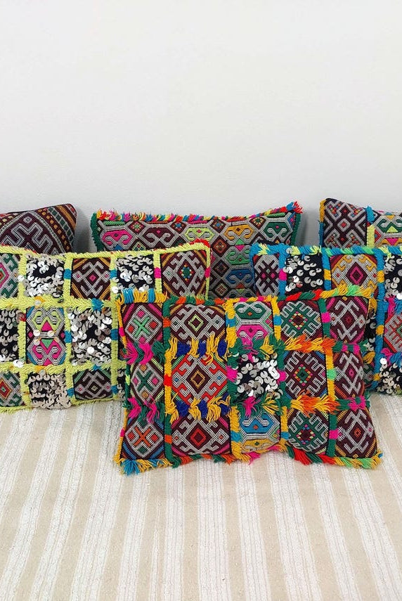 Set Of Six Multicolor Vintage Moroccan Pillows - Handmade Berber Cushions - Kilim Pillows - Decorative Pillows Case. MoroccanBazzArts