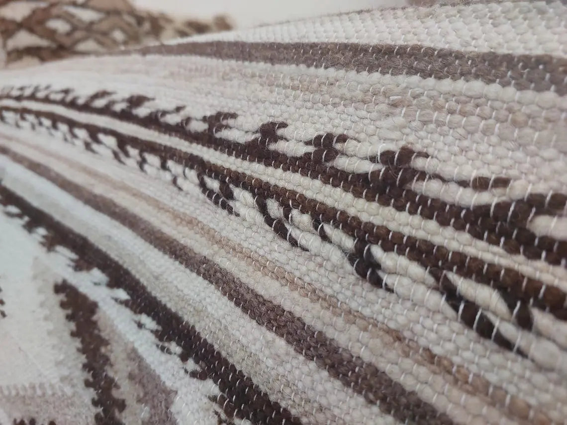 Luxurious Handloomed Beni Ourain Wool Blanket with Pom Poms - Natural Undyed Moroccan Throw MoroccanBazzArts