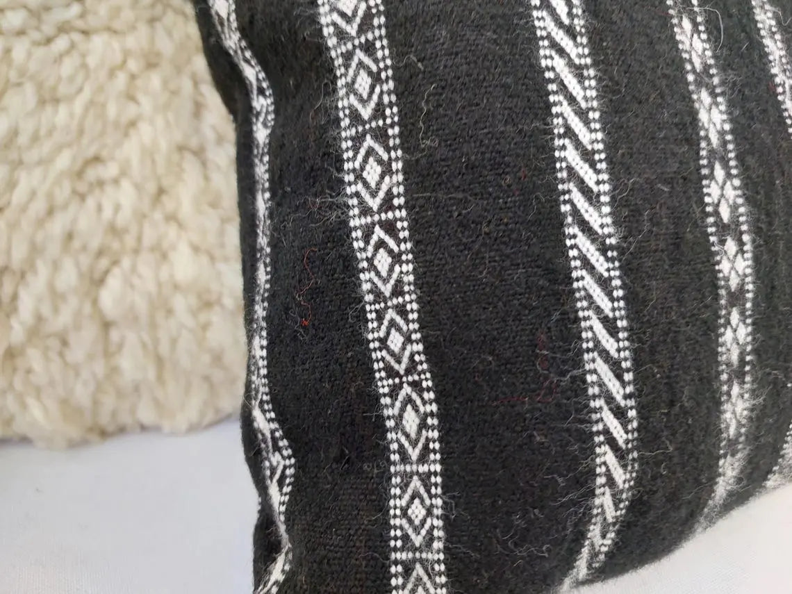 Set Of Two Berber Black Stripped Wool Pillows | Black Cushions In White Stripe Berber Symbols | Rectangular Zipper In It. MoroccanBazzArts