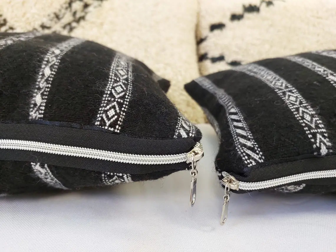 Set Of Two Berber Black Stripped Wool Pillows | Black Cushions In White Stripe Berber Symbols | Rectangular Zipper In It. MoroccanBazzArts