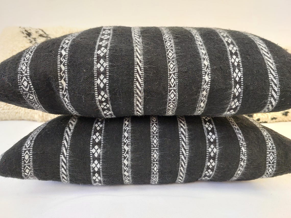 Set Of Two Berber Black Stripped Wool Pillows | Black Cushions In White Stripe Berber Symbols | Rectangular Zipper In It. MoroccanBazzArts