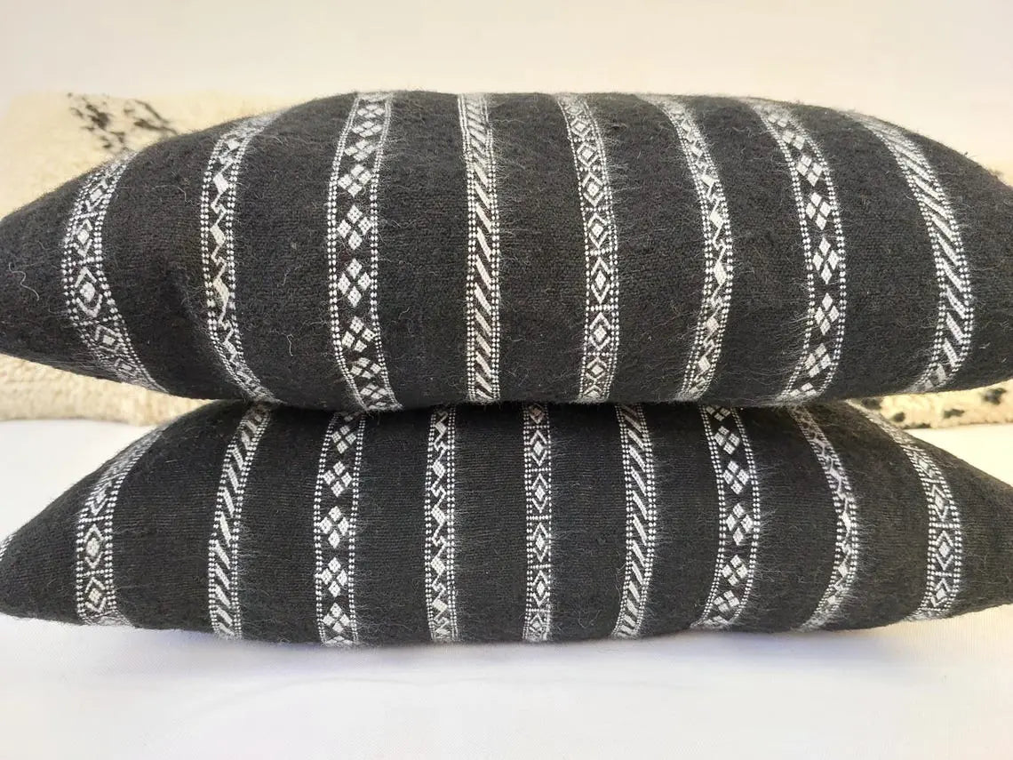 Set Of Two Berber Black Stripped Wool Pillows | Black Cushions In White Stripe Berber Symbols | Rectangular Zipper In It. MoroccanBazzArts