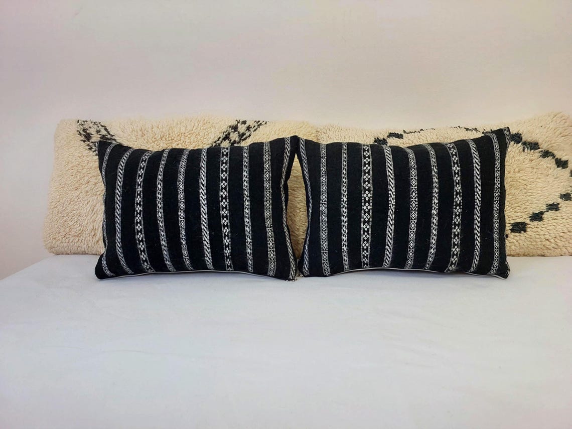 Set Of Two Berber Black Stripped Wool Pillows | Black Cushions In White Stripe Berber Symbols | Rectangular Zipper In It. MoroccanBazzArts