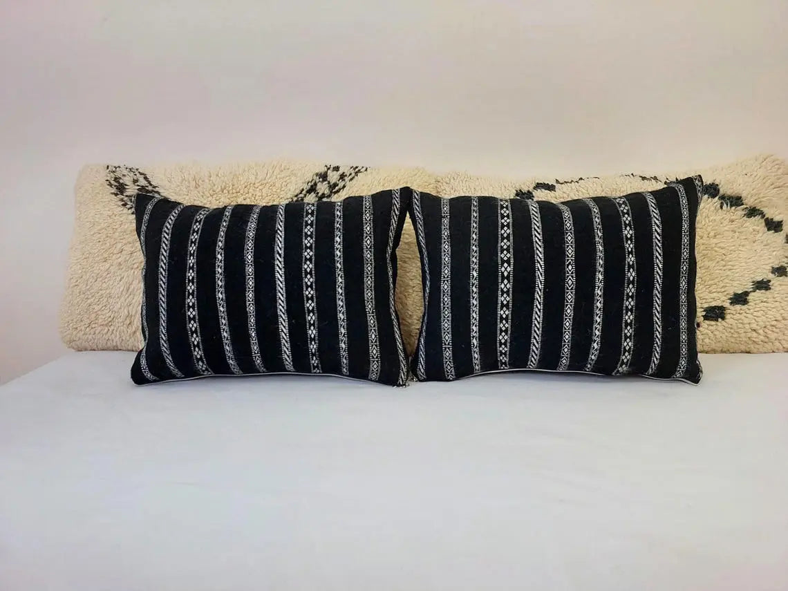 Set Of Two Berber Black Stripped Wool Pillows | Black Cushions In White Stripe Berber Symbols | Rectangular Zipper In It. MoroccanBazzArts