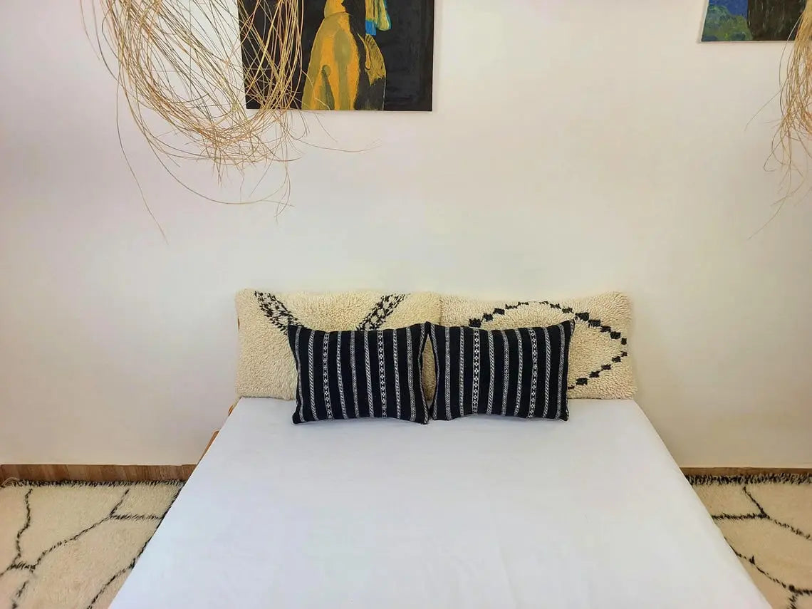 Set Of Two Berber Black Stripped Wool Pillows | Black Cushions In White Stripe Berber Symbols | Rectangular Zipper In It. MoroccanBazzArts