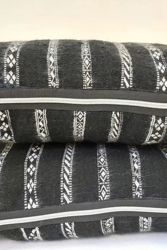 Set Of Two Berber Black Stripped Wool Pillows | Black Cushions In White Stripe Berber Symbols | Rectangular Zipper In It. MoroccanBazzArts