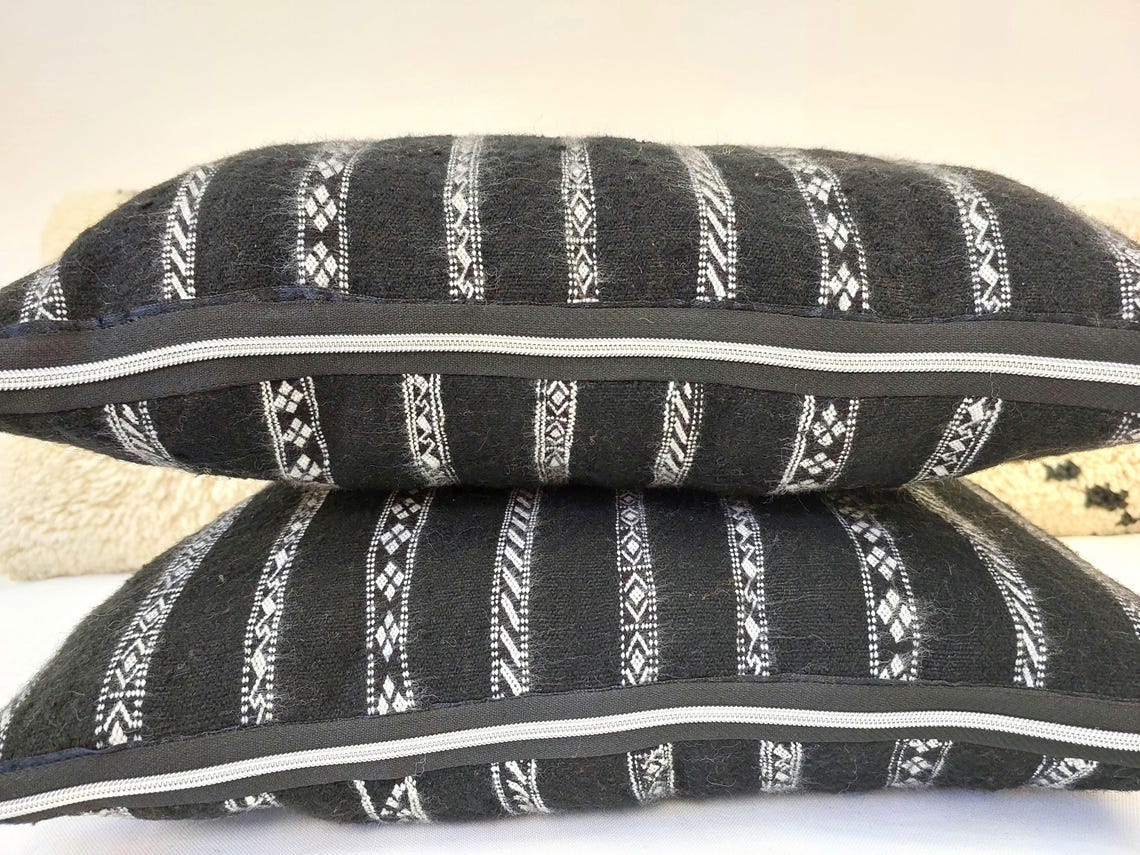 Set Of Two Berber Black Stripped Wool Pillows | Black Cushions In White Stripe Berber Symbols | Rectangular Zipper In It. MoroccanBazzArts