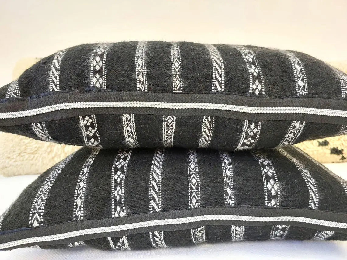 Set Of Two Berber Black Stripped Wool Pillows | Black Cushions In White Stripe Berber Symbols | Rectangular Zipper In It. MoroccanBazzArts