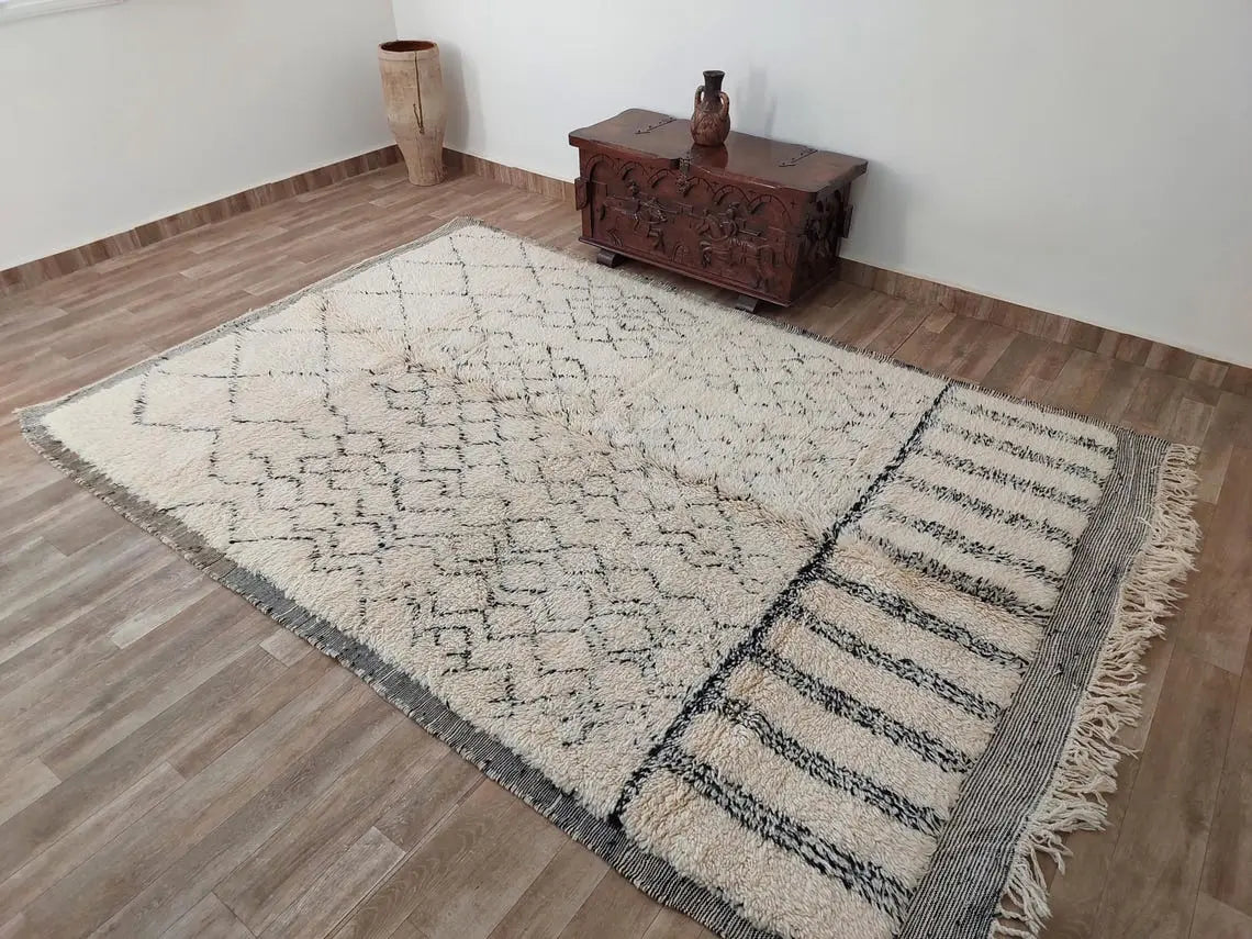 Authentic Beni Ourain Handmade Ivory Moroccan Rug - Soft 6.11x10ft Living Room Rug MoroccanBazzArts
