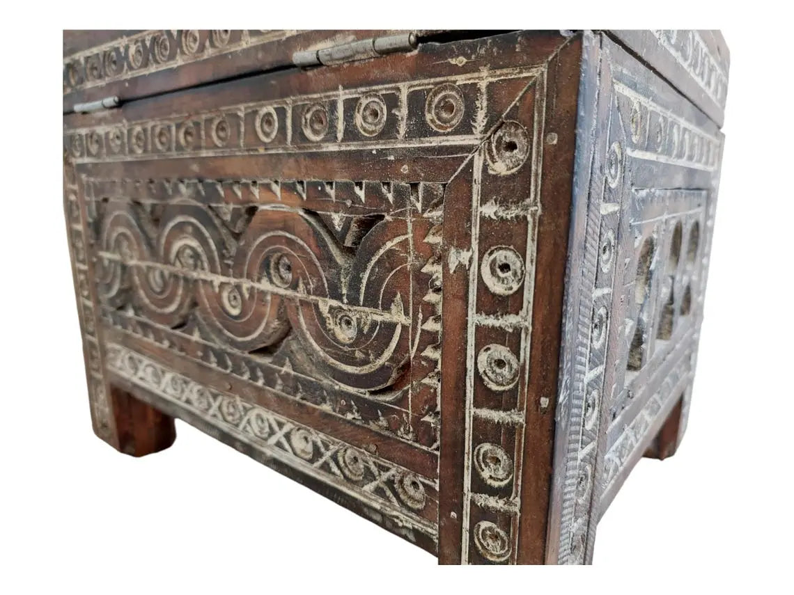 Moroccan Trunk Box Wood: Hand Carved Berber Chest, Vintage Boho Storage MoroccanBazzArts