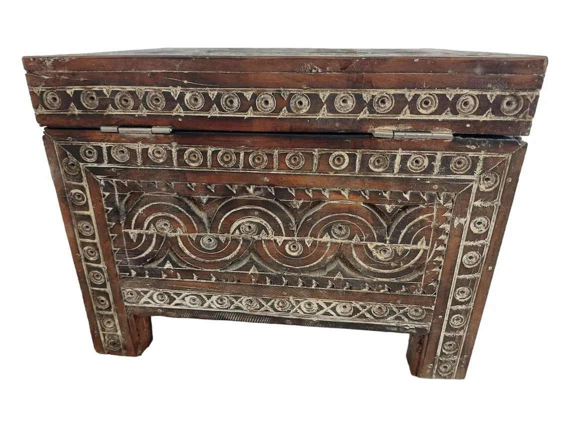 Moroccan Trunk Box Wood: Hand Carved Berber Chest, Vintage Boho Storage MoroccanBazzArts