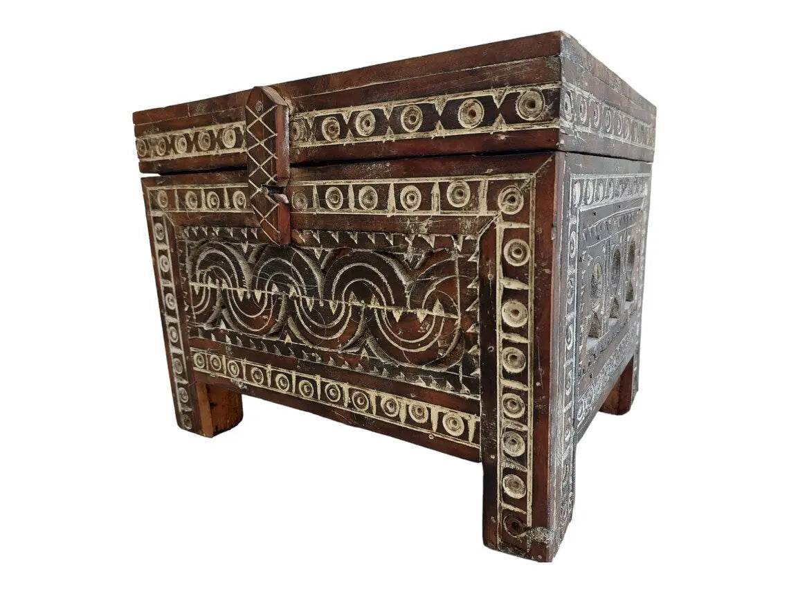 Moroccan Trunk Box Wood: Hand Carved Berber Chest, Vintage Boho Storage MoroccanBazzArts