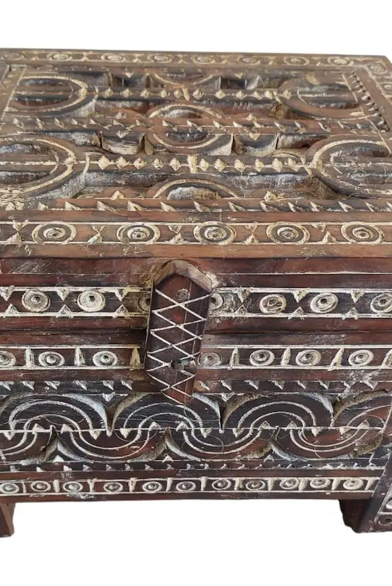 Decorative wooden box with intricate carvings on a white background