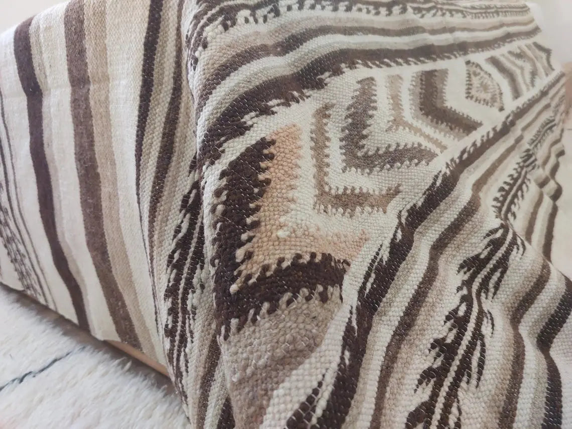 Luxurious Handloomed Beni Ourain Wool Blanket with Pom Poms - Natural Undyed Moroccan Throw MoroccanBazzArts