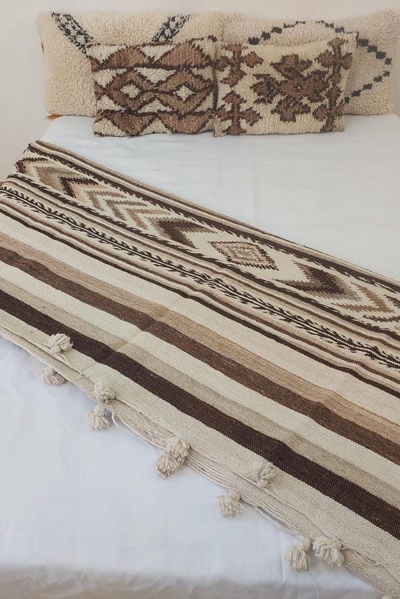 Luxurious Handloomed Beni Ourain Wool Blanket with Pom Poms - Natural Undyed Moroccan Throw MoroccanBazzArts