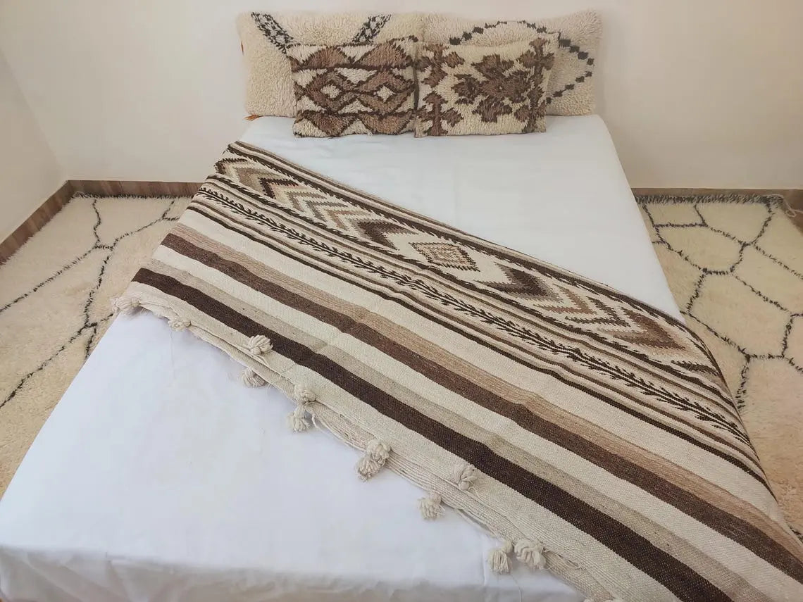 Luxurious Handloomed Beni Ourain Wool Blanket with Pom Poms - Natural Undyed Moroccan Throw MoroccanBazzArts