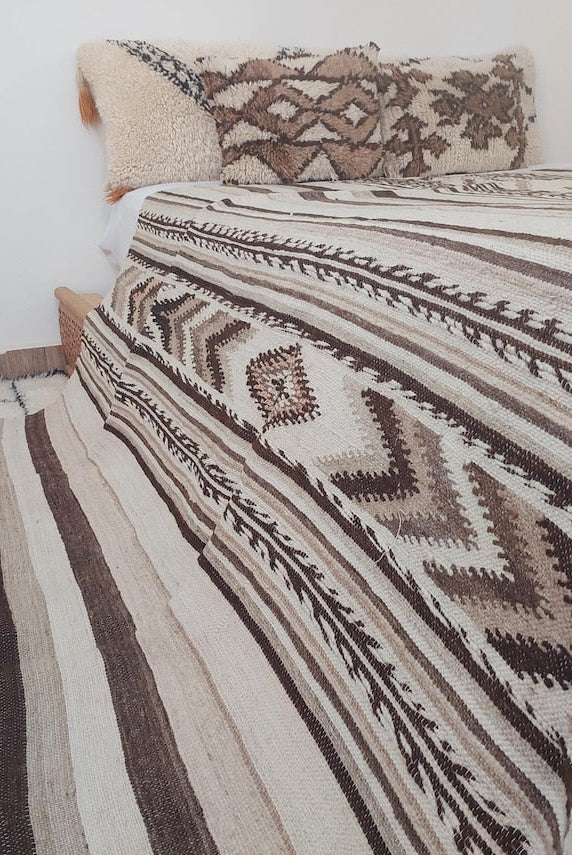 Luxurious Handloomed Beni Ourain Wool Blanket with Pom Poms - Natural Undyed Moroccan Throw MoroccanBazzArts