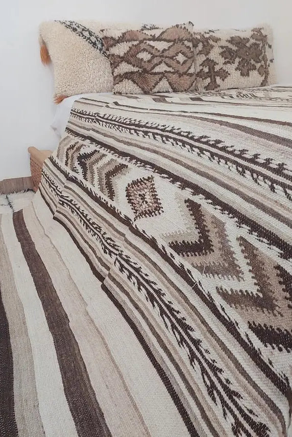 Luxurious Handloomed Beni Ourain Wool Blanket with Pom Poms - Natural Undyed Moroccan Throw MoroccanBazzArts