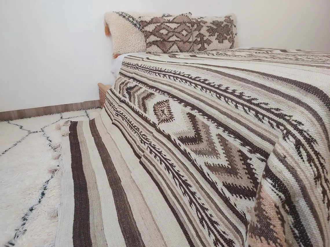 Luxurious Handloomed Beni Ourain Wool Blanket with Pom Poms - Natural Undyed Moroccan Throw MoroccanBazzArts