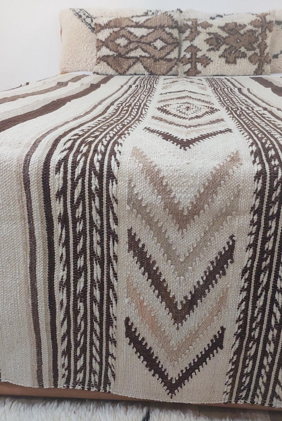 Luxurious Handloomed Beni Ourain Wool Blanket with Pom Poms - Natural Undyed Moroccan Throw MoroccanBazzArts