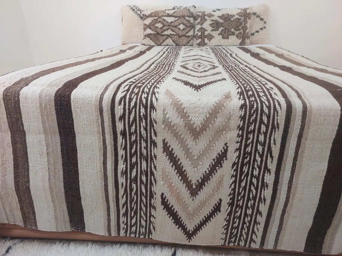 Luxurious Handloomed Beni Ourain Wool Blanket with Pom Poms - Natural Undyed Moroccan Throw MoroccanBazzArts